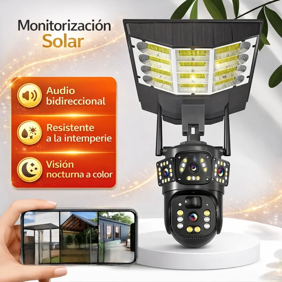 Cámara Wifi 360° Con Doble Lente Fhd Con Panel Solar. Luz Led Y Detección Humana. Cámara De Seguridad. 1