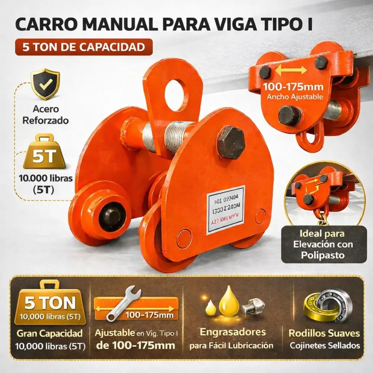 Trolley Manual Sencillo 5 Ton Para Viga 100-175 Mm Polipasto Carro De Viga. Uso Industrial Pesado 1
