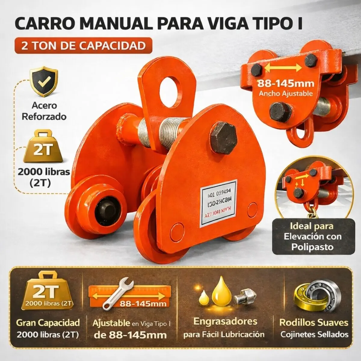 Trolley Manual Sencillo 2 Ton Para Viga 88-145 Mm Polipasto Carro De Viga. Uso Industrial Pesado 1