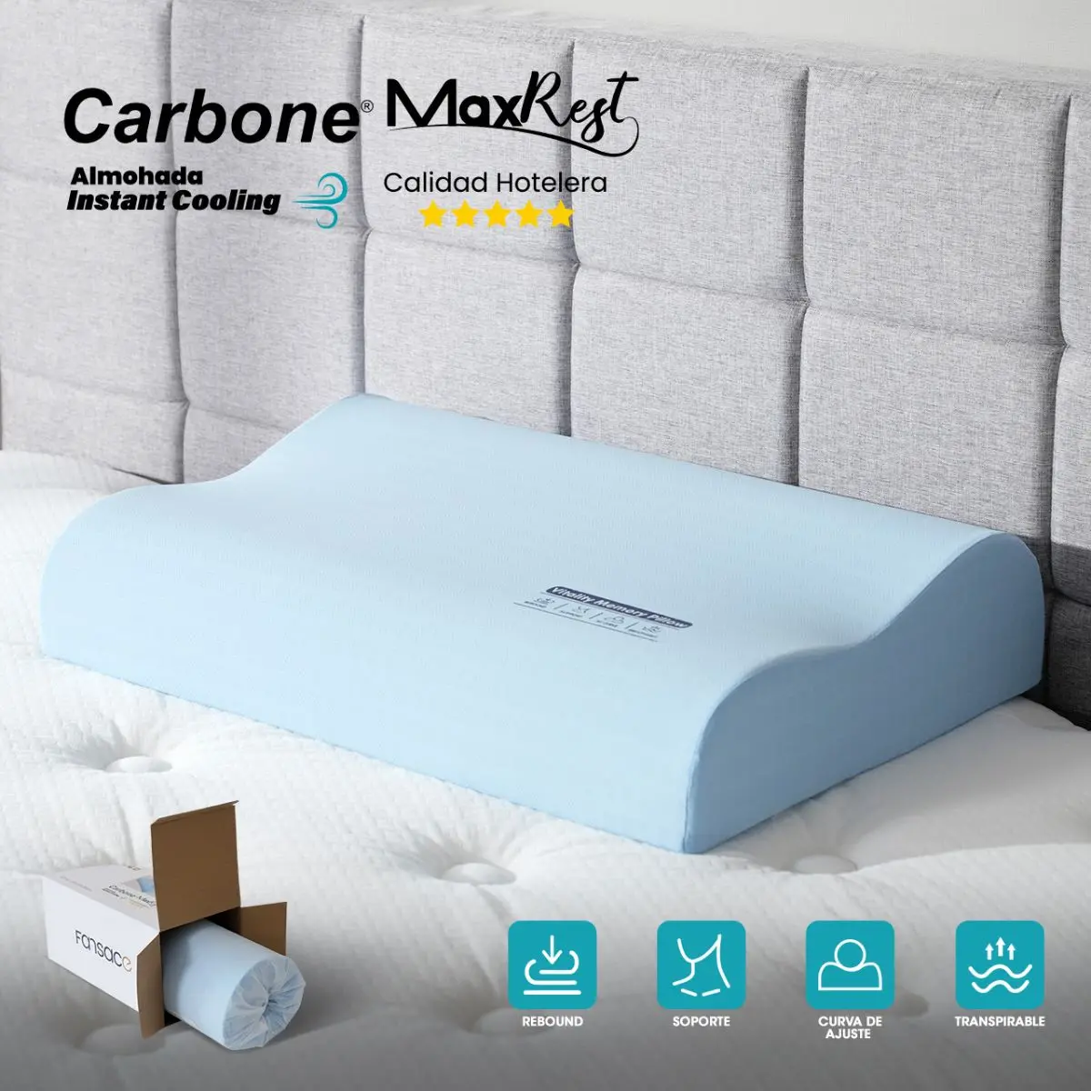 Almohada Cervical 60X40cm Carbone Maxrest. Memory Foam Hipoalergénica Con Enfriamiento Instantáneo. Calidad Hotelera 5 Estrellas. 1