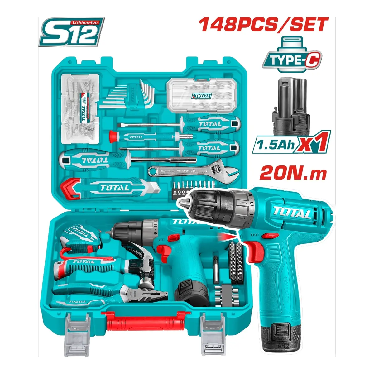 Juego De Herramientas Con Taladro Inalámbrico 20Nm 12V. (Set De148 Piezas). Mandril 10 Mm. Incluye Batería 1.5Ah Y Carga Usb Tipo-C. 1