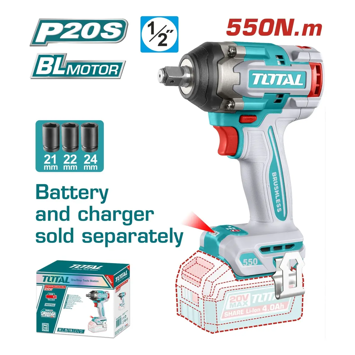 Llave Impacto Dado Cuadrado 1/2" 20V 555Nm. Motor Sin Escobillas. Batería Y Cargador Por Separado. 1