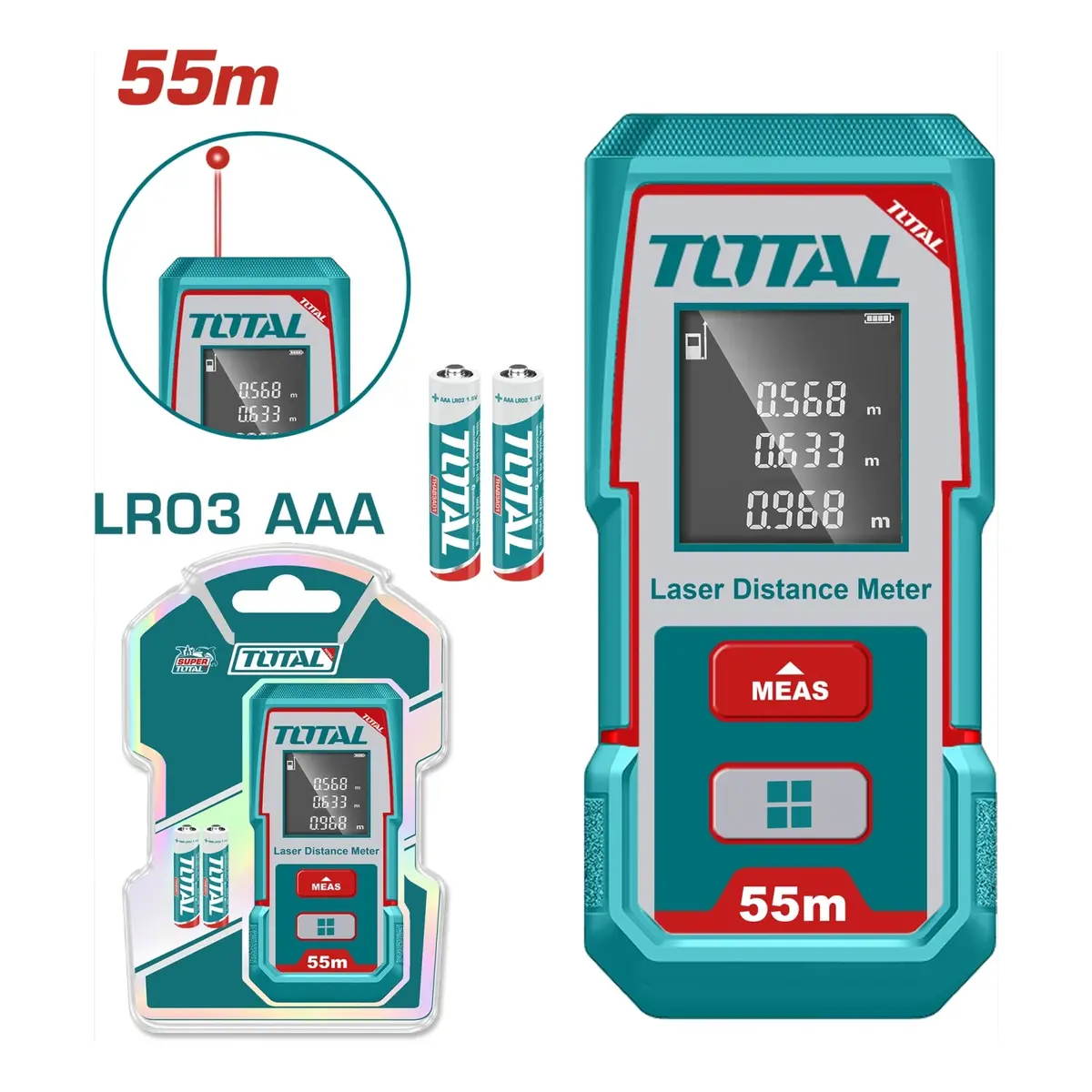 Medidor Láser Rango 0.05–55 Mts. Exactitud ±2.0 Mm. 635 Nm <1 Mw. Baterías Aaa. 1