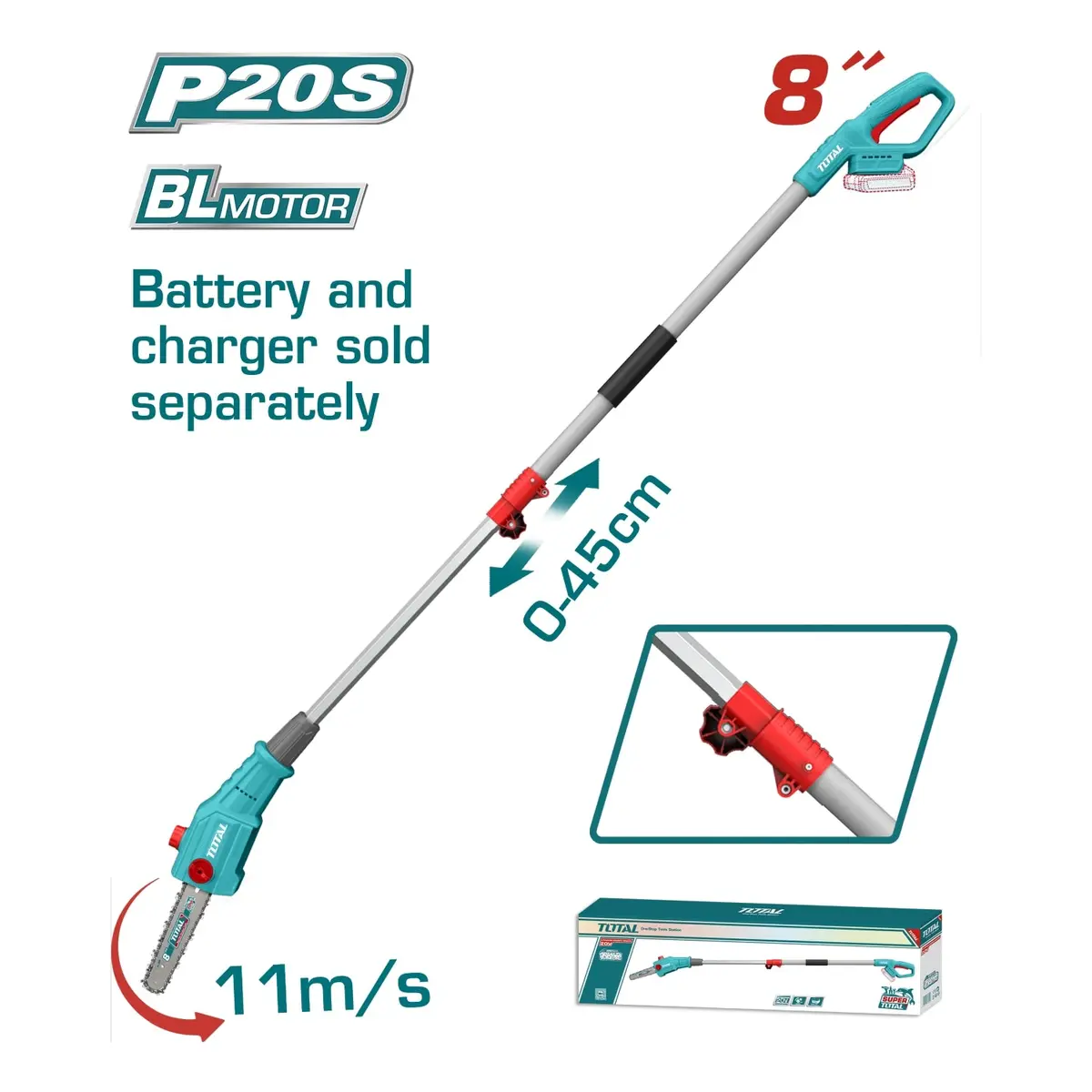 Sierra De Podar Telescópica Inalámbrica 20V. Motor Sin Escobillas. Barra De 8″. Alcance De 2 M. No Incluye Batería Ni Cargador. Podadora De Altura. 1