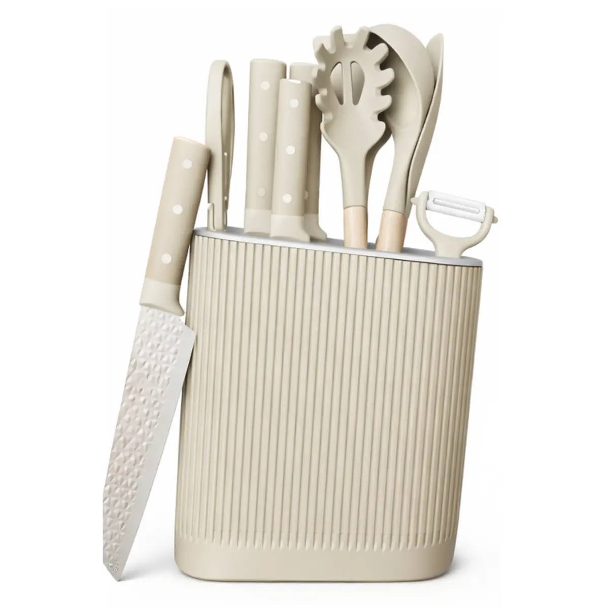 Utensilios De Cocina Y Cuchillos Color Beige Set De 11 Piezas Con Soporte. Diseño Texturizado Antiadherente. 1