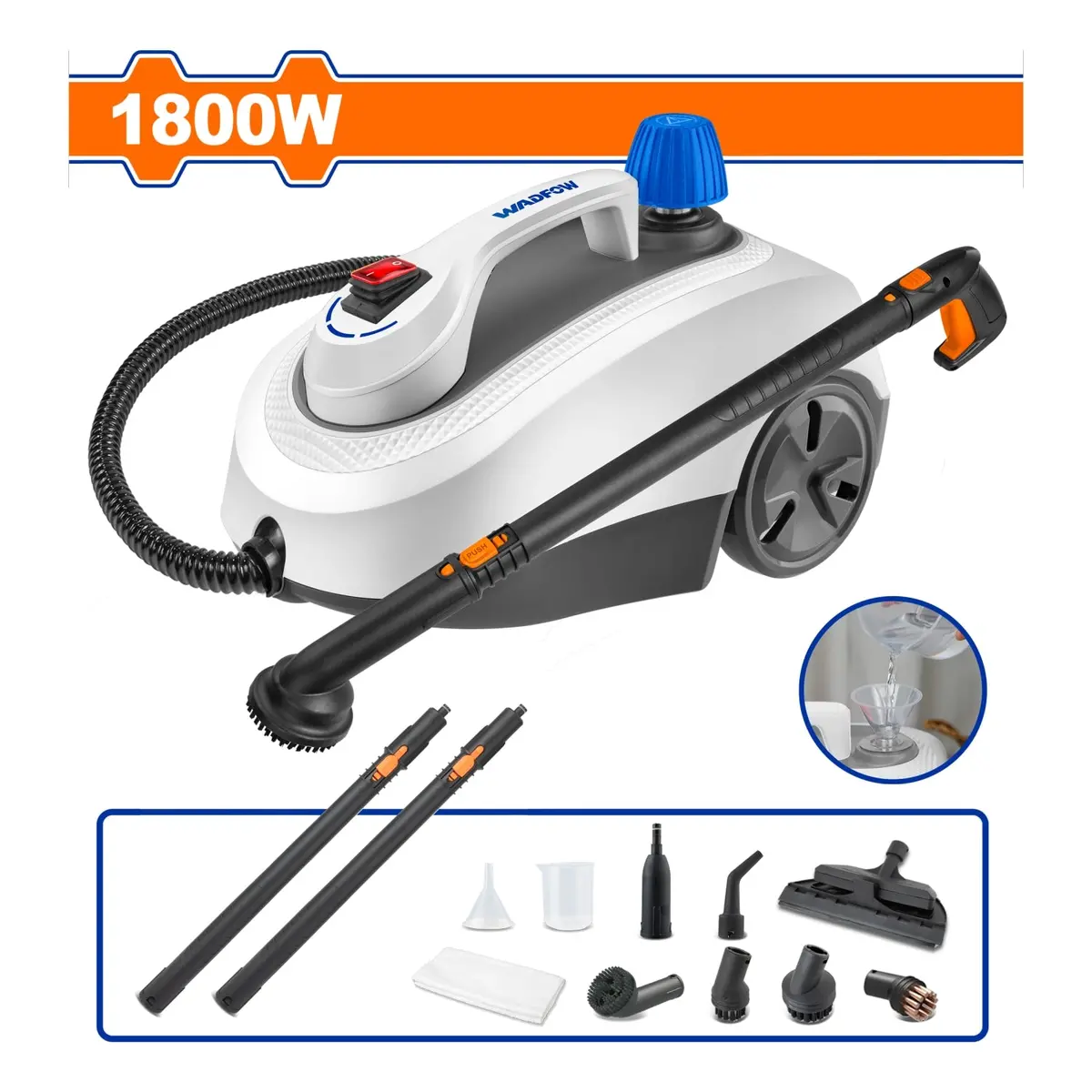 Limpiadora A Vapor 1800W. Tanque De Acero Inoxidable 1.5 L. Presión 5 Bar. Incluye Accesorios Para Pisos, Ventanas Y Tapicería. 1