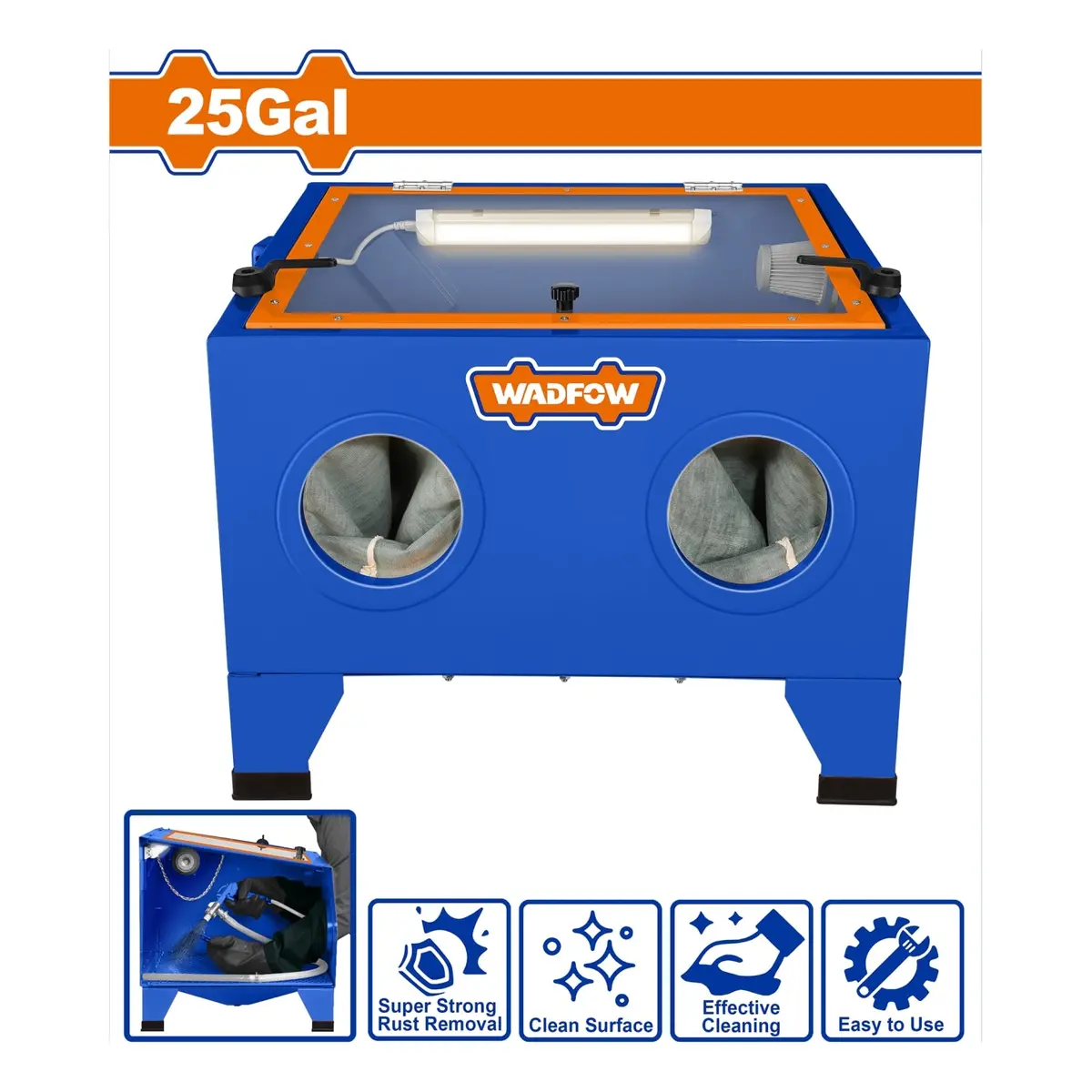 Cabina De Sandblasting 25 Galones Con Luz Led. Para Limpieza, Pulido Y Remoción De Óxido Y Pintura. Incluye Pistola Y Boquillas. Cabina De Chorro De Arena. 1