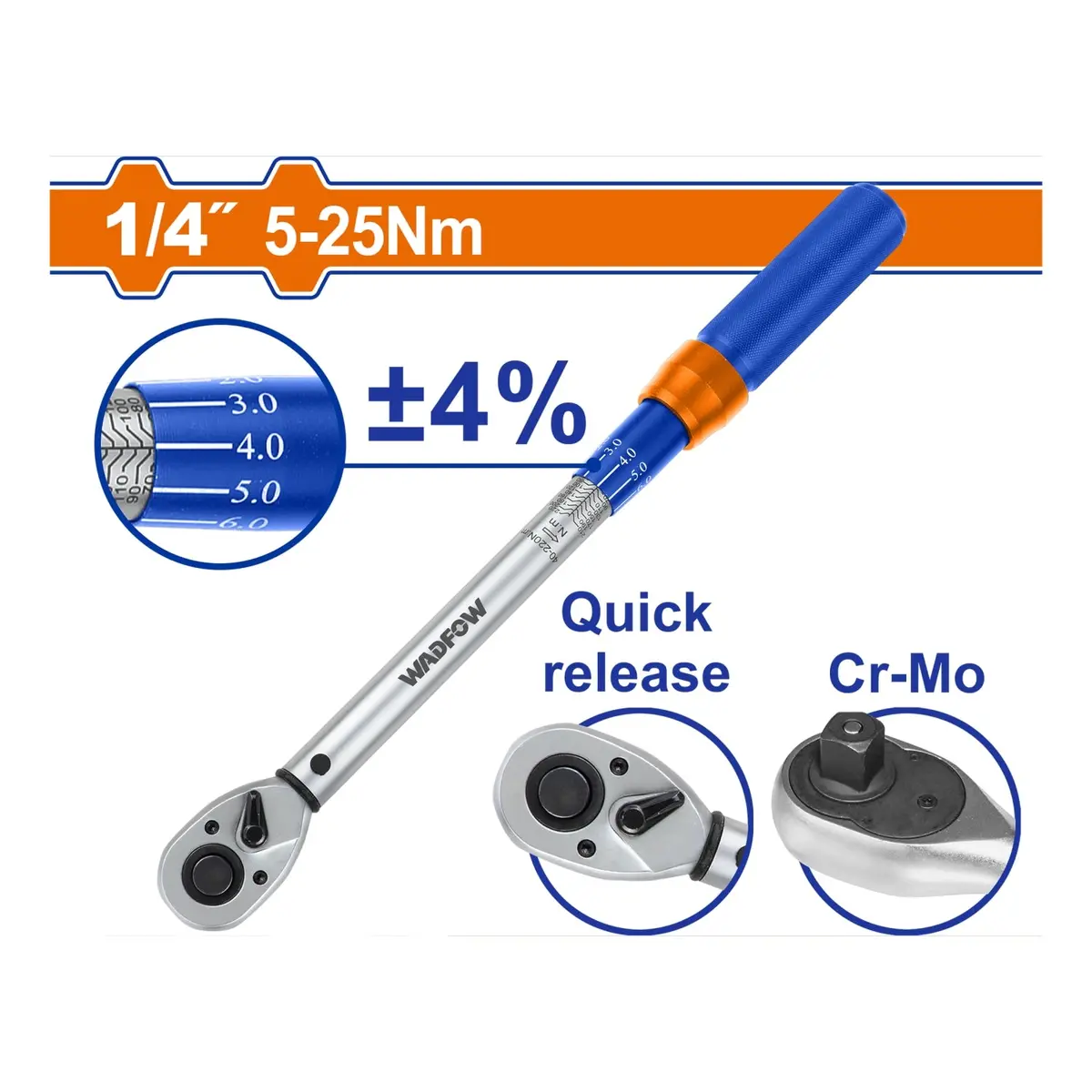 Torquímetro 1/4" 5–25 Nm. Cr-V Liberación Rápida Cr-Mo. Long: 238 Mm. Tolerancia De Torque: ±4% 1