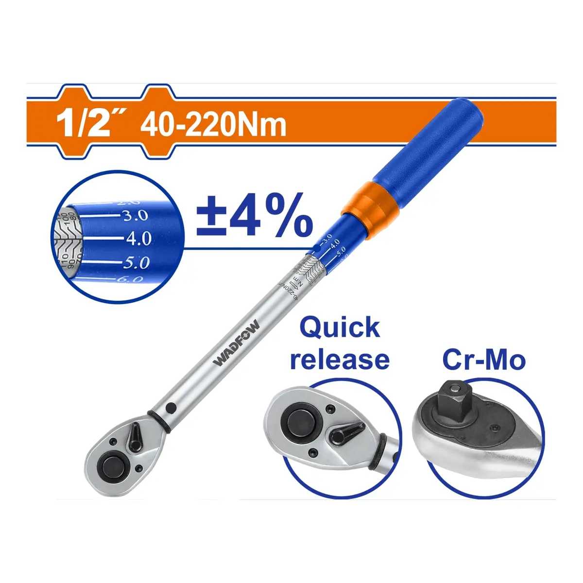 Torquímetro 1/2" 40–220 Nm. Cr-V Liberación Rápida Cr-Mo. Long: 430 Mm. Tolerancia De Torque: ±4% 1