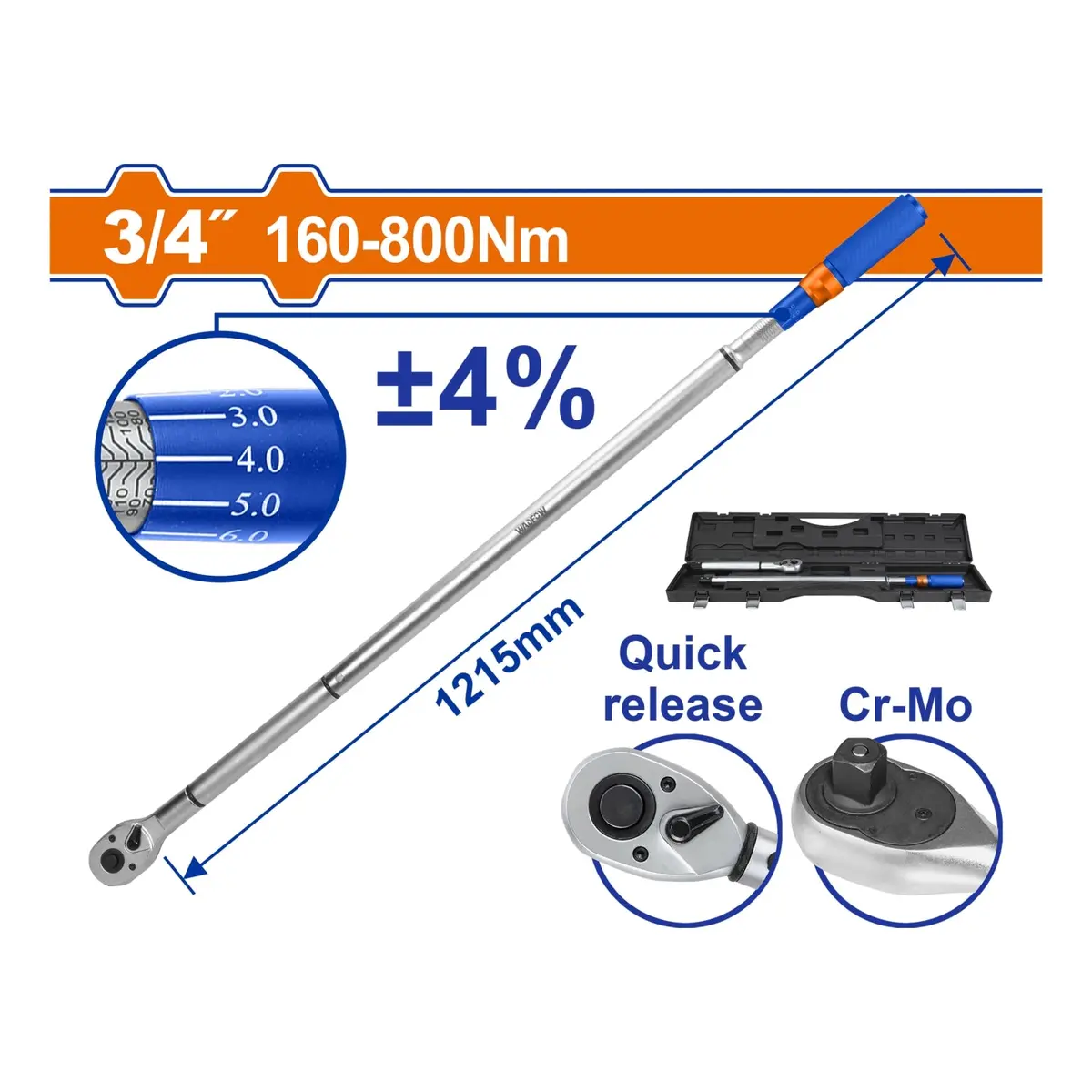 Torquímetro 3/4" 160–800 Nm. Cr-V Liberación Rápida Cr-Mo. Long: 1215 Mm. Tolerancia De Torque: ±4% 1
