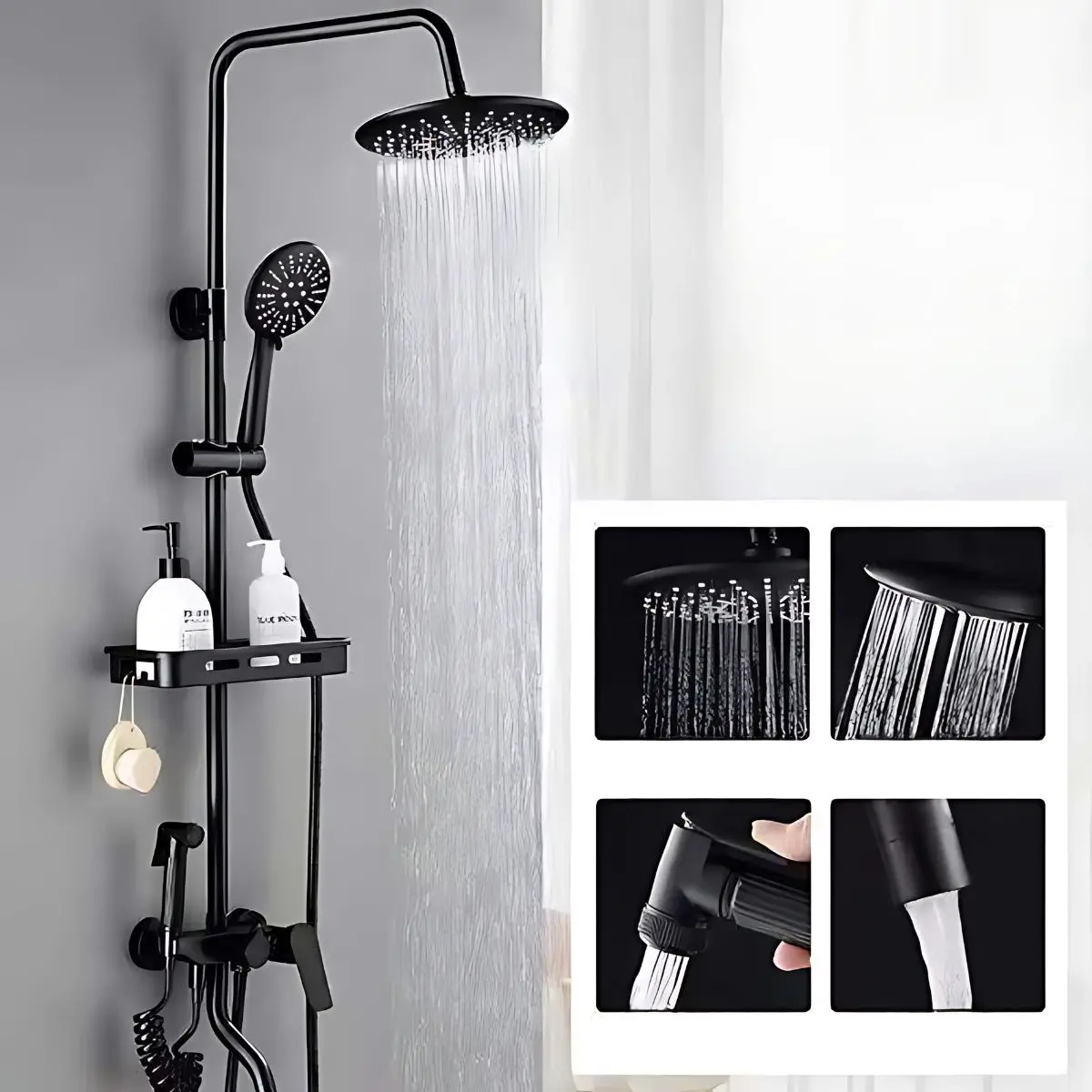 Regadera De Ducha Con Barra Ajustable Y Doble Salida. Cabezal Tipo Lluvia 360° Y Estante Integrado. Color Negro. 1