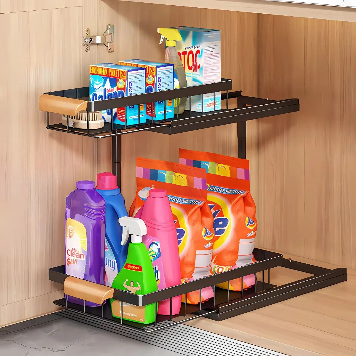 Organizador De Dos Niveles Con Repisas Deslizantes. Estante De Almacenamiento Para Fregador Cocina O Baño 37X36.5X27cm. Color Negro. 1