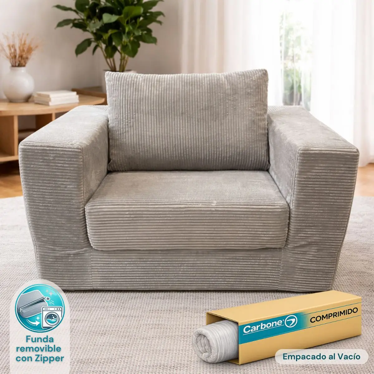 Sofá Empacado Al Vacio Memory Foam De Alta Densidad 124X84x70cm Color Gris Claro 1