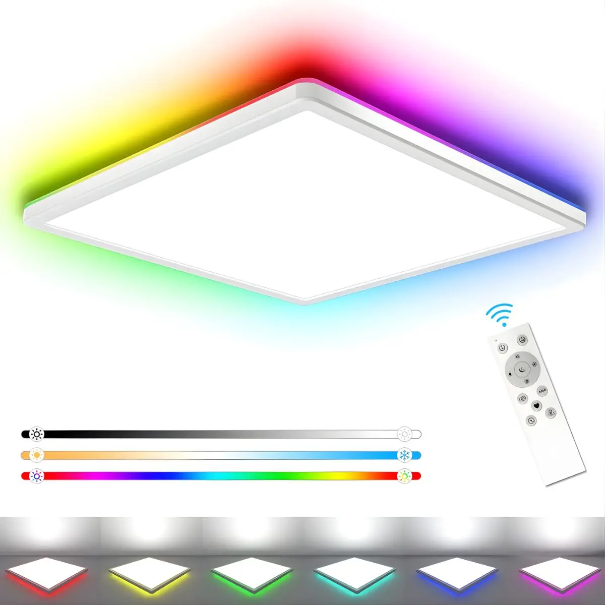 Lampara Led De Techo 24W 30 Cm Cuadrado Con Retroiluminación Rgb, Panel De Luz Regulable 3000K–6500K, 3200 Lúmenes Con Control Remoto. 1