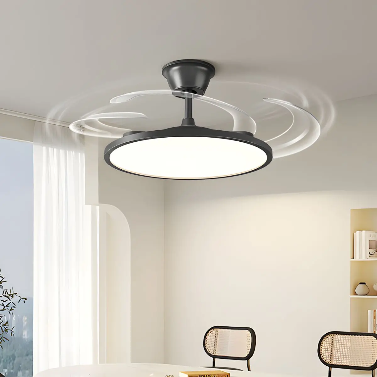 Abanico De Techo 42” Con Lámpara Led. Ventilador Invisible Con Aspas Retráctiles. Luz Regulable Con Control Remoto. Color Negro.  96W+35W Para 10 A 25Mts 1