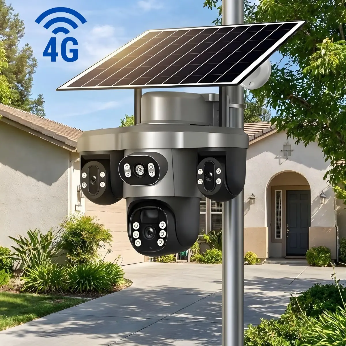 Cámara De Seguridad Solar 4G Lte Exteriores Triple Lente Y Pantalla, Ptz 360°, Zoom 10X, Visión Nocturna A Color Y Detección Humana Color Gris T12 (Funciona Solo Con Sim Card 4G) 1