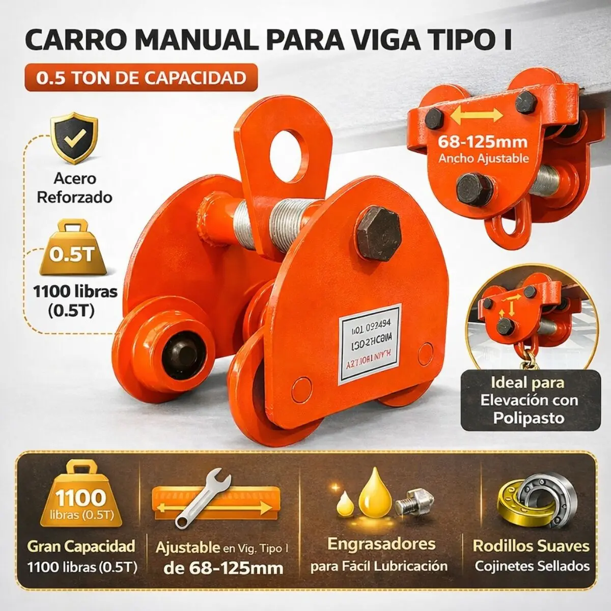 Trolley Manual Sencillo 0.5 Ton Para Viga 68–125 Mm Polipasto Carro De Viga. Uso Industrial Y Almacenes 1