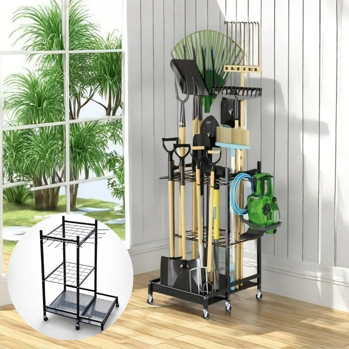 Organizador De Herramientas De Jardín Con Ruedas 79×43×30 Cm, Estantería Metálica Porta Herramientas Para Garaje Y Patio. Rack 1