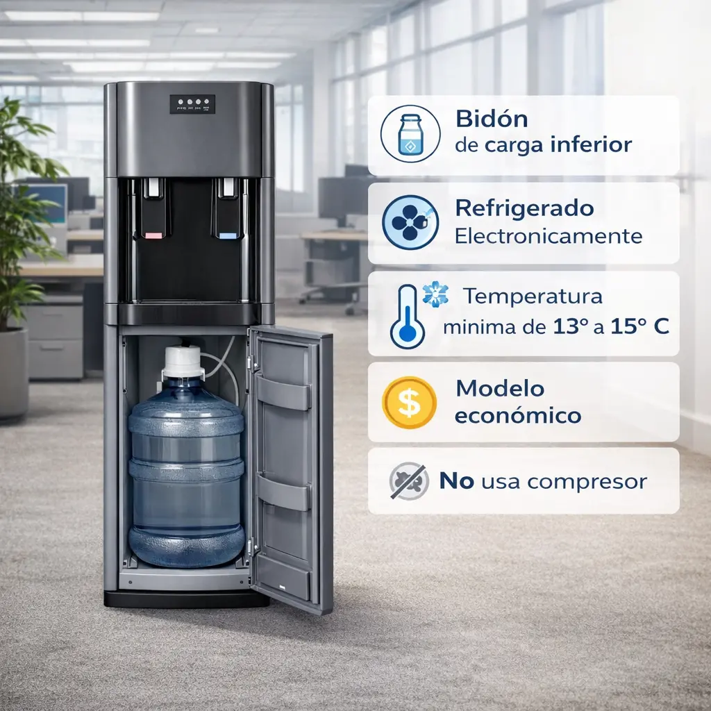 Dispensador De Agua De Carga Bidón Inferior Frío Y Caliente, Enfriamiento Electrónico (Sin Compresor) Descenso Máximo De Temperatura 13–15 °C Agua Fresca (No Fría), Calentamiento Rápido. Color Gris. 1