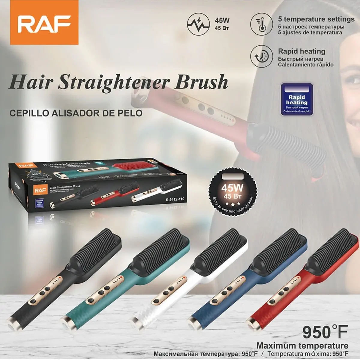 Cepillo Alisador 45W Con 5 Niveles De Temperatura Y Calentamiento Rápido 950°F  Ideal Cabello Grueso 110V 1