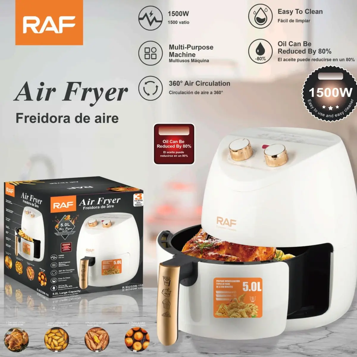 Freidora De Aire 5L 1500W 110V 60Hz Control De Perilla  Antiadherente 360° Multipropósito  Aceite 80% Air Frier 1