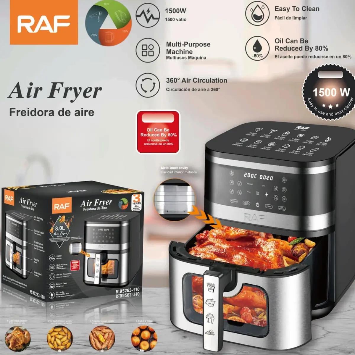 Freidora De Aire 8L 1500W 110V Con Pantalla Digital Canasta Antiadherente 360° Interior Metálico. Air Frier 1