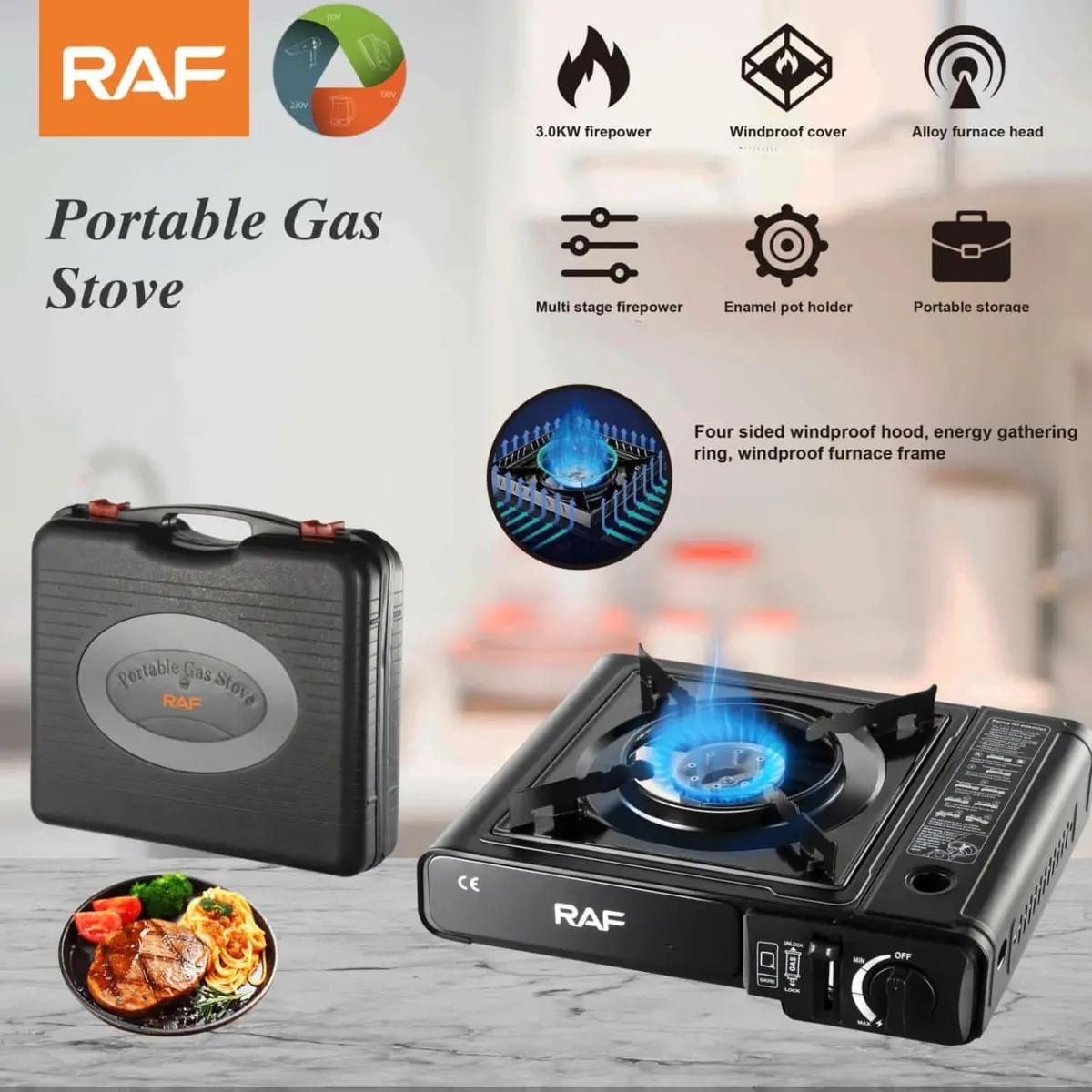 Estufa De Gas 1 Quemador Negra Con 3.0Kw De Potencia Con Maletín Y Paraviento. Control Perilla. Cocina Portátil. 1