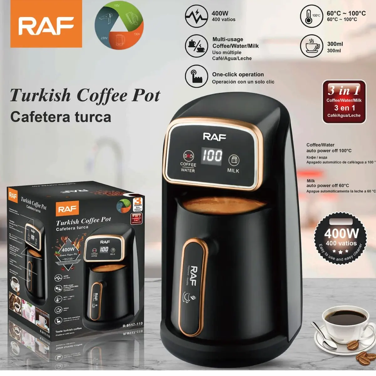 Cafetera Turca Calentador Eléctrico Multiusos 400W 300Ml 3 En 1 Para Café, Agua Y Leche Apagado Automático. 1
