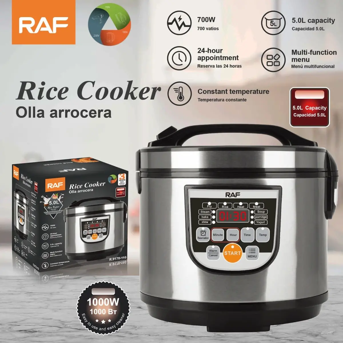 Olla Arrocera 5L 700W 100V 60Hz Multifuncional Temperatura Constante. Reserva Las 24 Horas. Rice Cooker 1