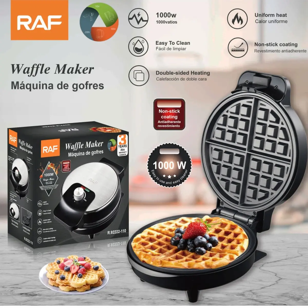 Waflera Eléctrica 1000W Con Cocción Doble Y Placas Antiadherentes 110V /60Hz. Plancha Para Waffles 1