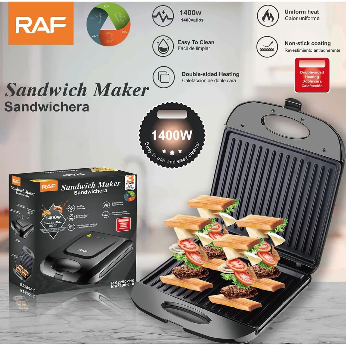 Sandwichera Eléctrica 1400W Antiadherente Con Calor Doble Y Limpieza Fácil 110V /60Hz. Plancha Para Emparedados. 1