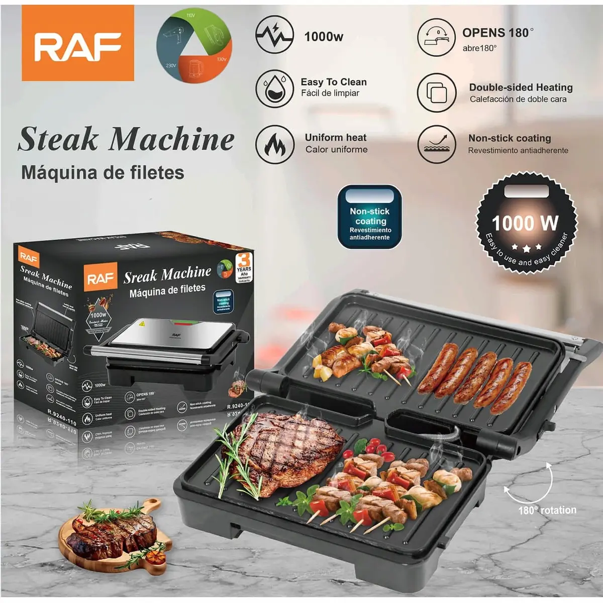 Parrilla Eléctrica 1000W Abre 180° Con Revestimiento Antiadherente Y Doble Calor 110V /60Hz.  Asador De Carnes. 1