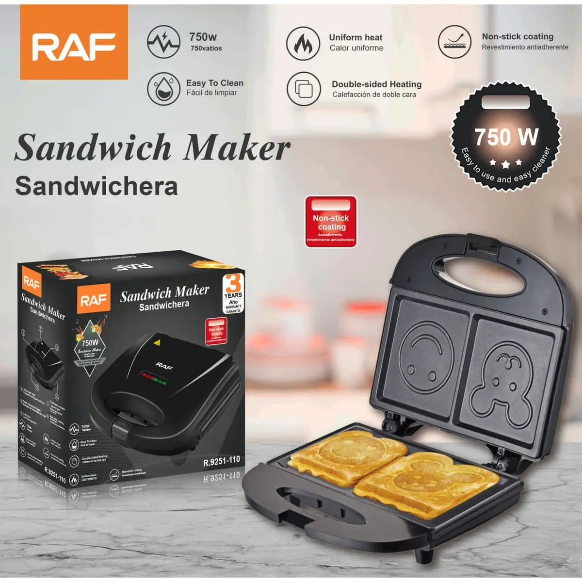 Sandwichera 750W Con Placas Antiadherentes Para Sándwiches Creativos. 110V /60Hz.  Plancha Para Emparedados 1