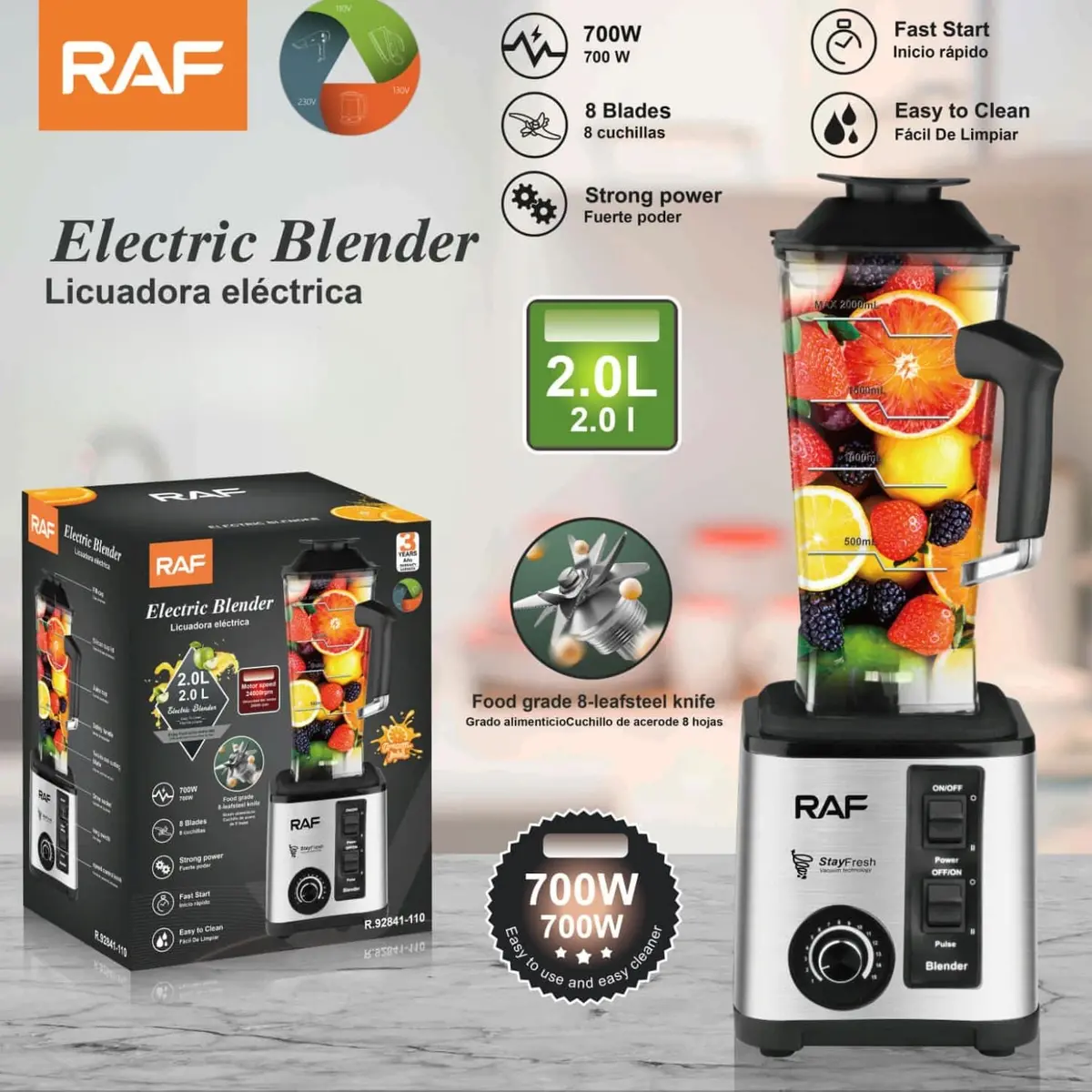 Licuadora Eléctrica 700W 110V/60Hz Con Vaso 2L Con 8 Cuchillas. Inicio Rápido. Blender. 1