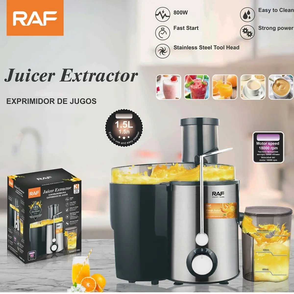 Máquina Centrífuga Extractora De Jugos 800W 110V/60Hz Inoxidable 2 Velocidades Y Vaso De 1.5L  Procesador De Jugos. 1