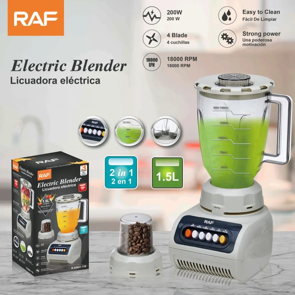 Licuadora 200W 110V/60Hz  1.5L Con Molino 2 En 1  4 Cuchillas Y 5 Velocidades. Fácil De Limpiar. Blender (Colores Surtidos) 1