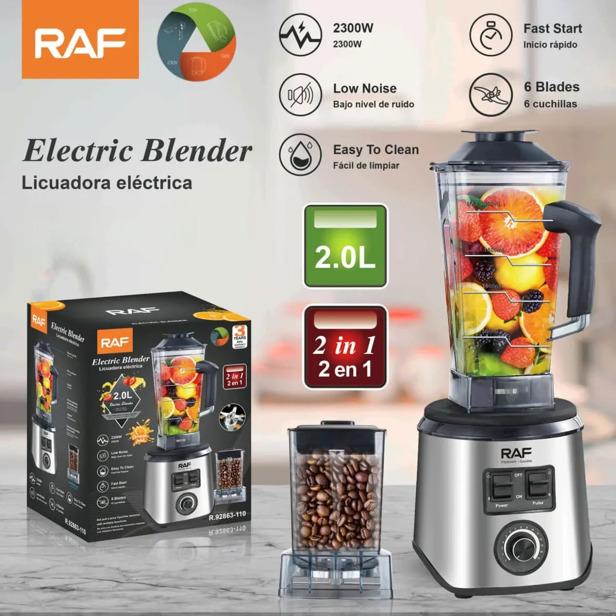 Licuadora Eléctrica Y Moledor De Café 2 En 1 2300W 110V/60Hz  6 Cuchillas Y Vaso 2L. Blender Y Accesorio Moledor 1