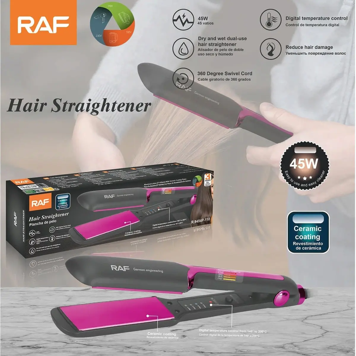 Plancha De Pelo Profesional 45W  Control 140°-200°C Uso Seco Y Húmedo Con Revestimiento Cerámico 110V/60Hz 1