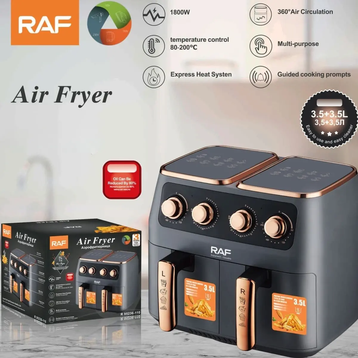 Freidora De Aire 8L  1800W 110V 60Hz Control  Doble Antiadherente  360°  Calor Express Temp 80-200°C   Air Frier 1