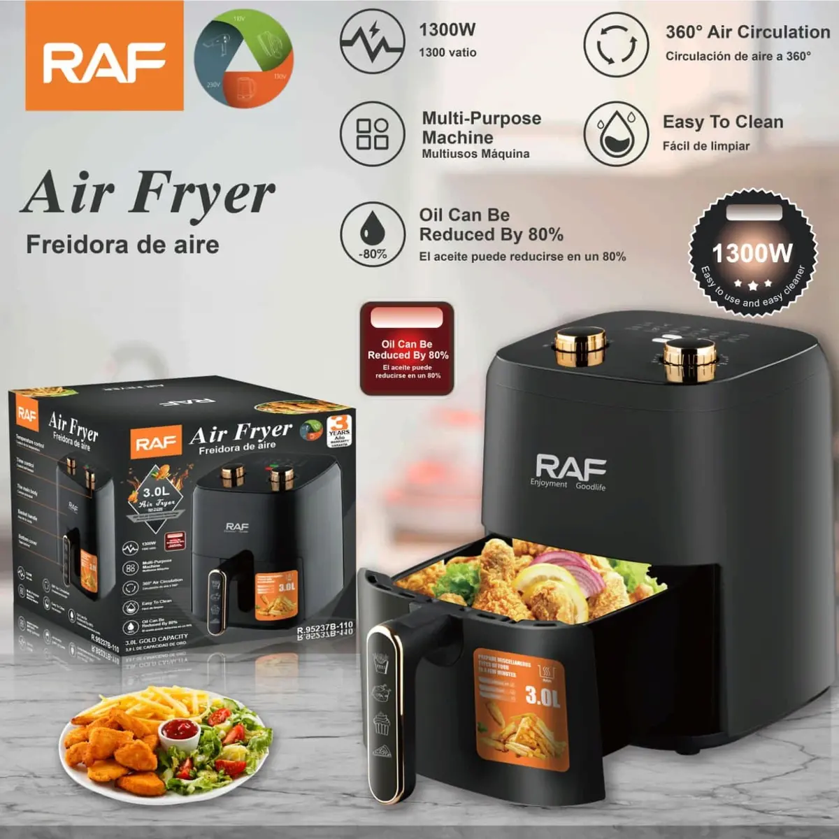 Freidora De Aire 3L 1300W 110V 60Hz Control De Perilla  Antiadherente 360° Multipropósito  Aceite 80% Air Frier 1