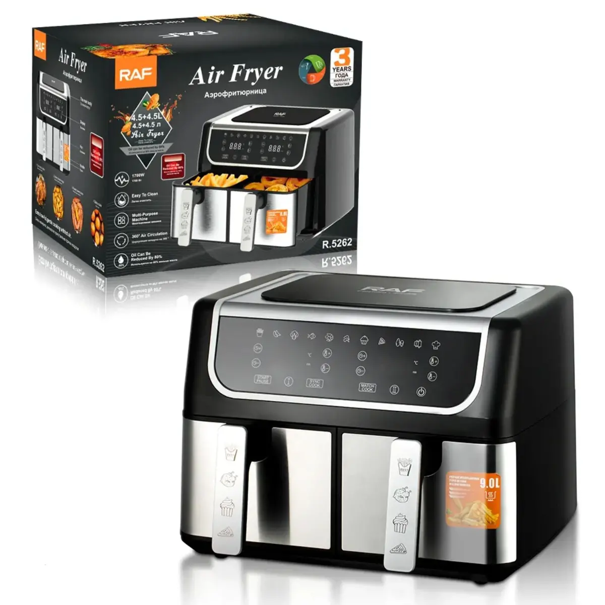Freidora De Aire 9L 1700W 110V Con Control Táctil Doble Antiadherente 360° Y Reducción De Aceite 80% Air Frier 2