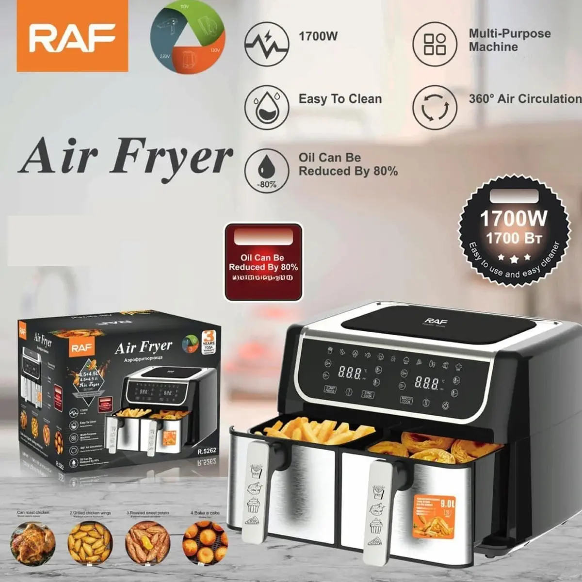 Freidora De Aire 9L 1700W 110V Con Control Táctil  Doble Antiadherente 360° Y Reducción De Aceite 80% Air Frier 1