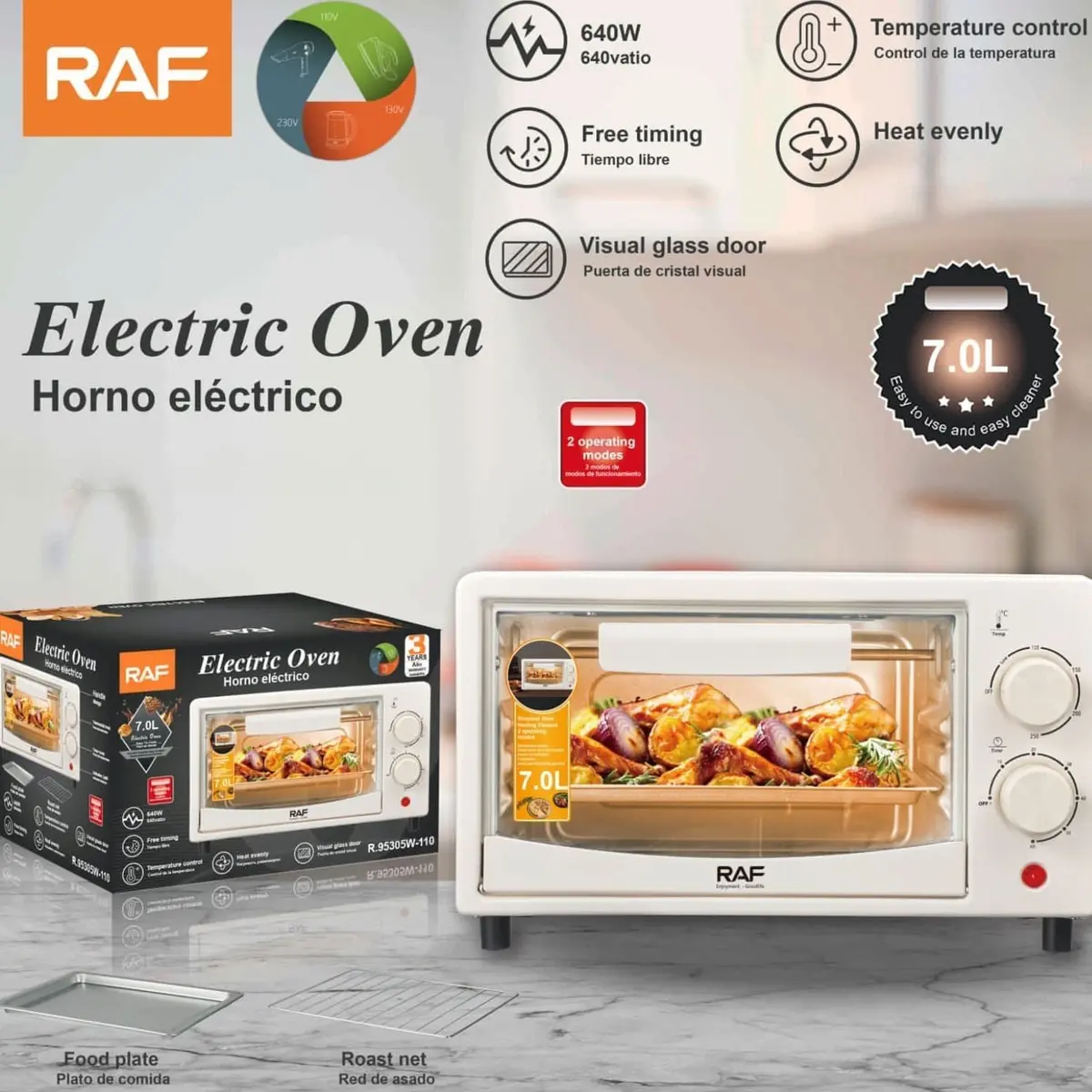 Horno Eléctrico 7L  640W, Puerta De Vidrio, 2 Modos, Calor Uniforme, Control   Temperatura. Horno Tostador 1