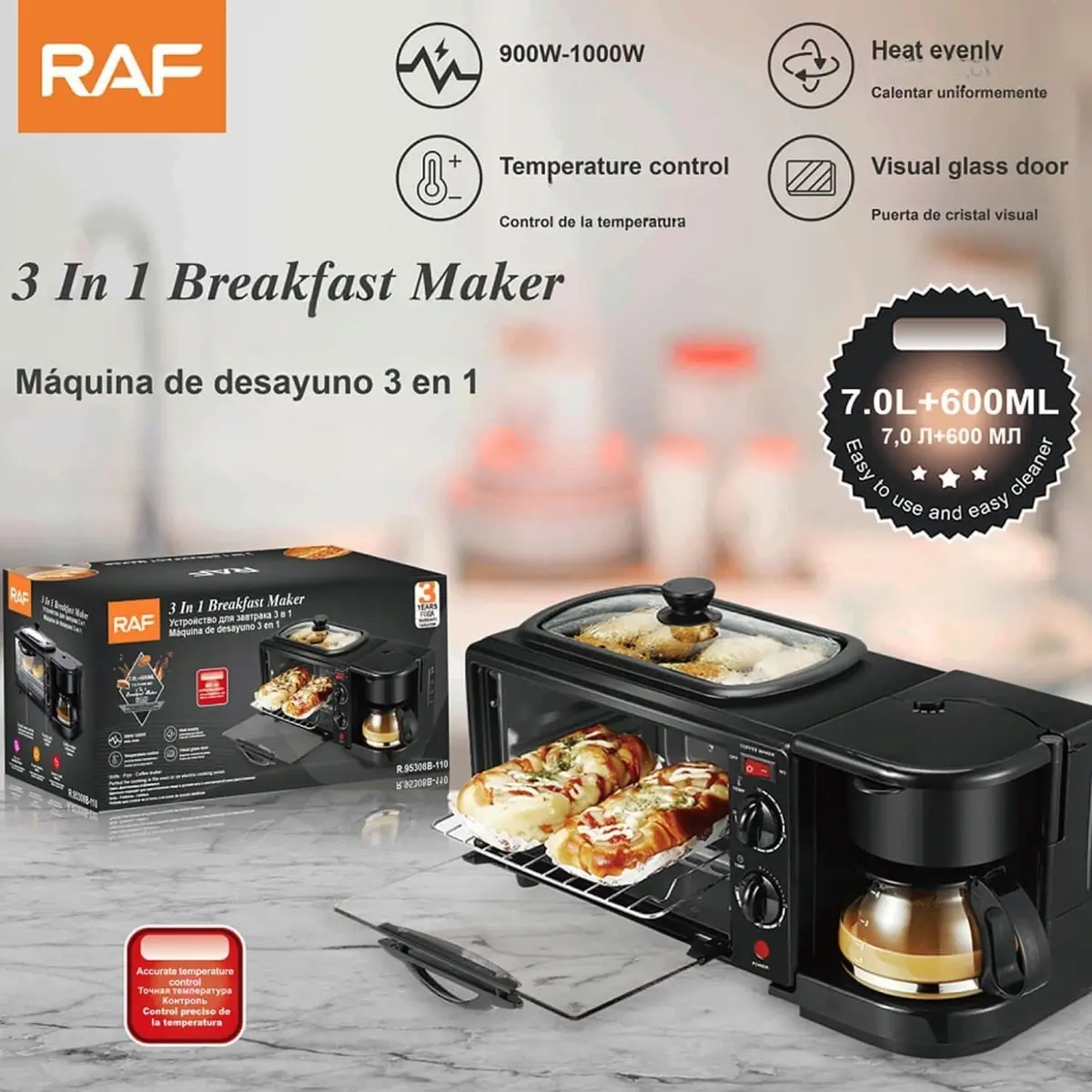 Estación De Desayuno 3 En 1 Con Cafetera 600Ml, Horno 7L Y Plancha  1000W 110V Con Control De Temperatura 1