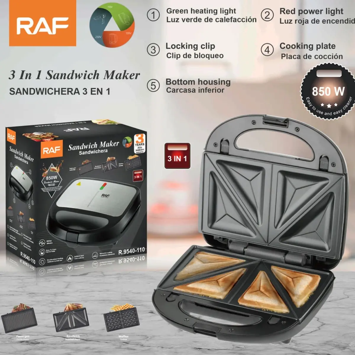 Sandwichera 3 En 1 850W Con Placas Intercambiables Para Sandwich Waffles Y Grill 1