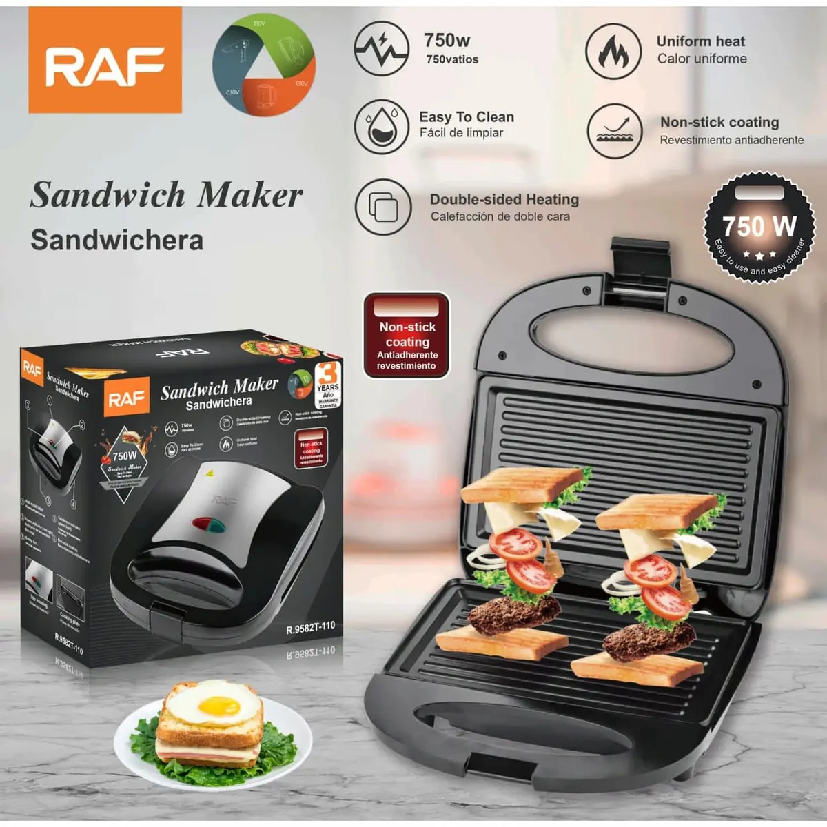 Sandwichera 750W Con Placas Antiadherentes Y Calor Uniforme De Doble Cara. 110V /60Hz.  Plancha Para Emparedados 1