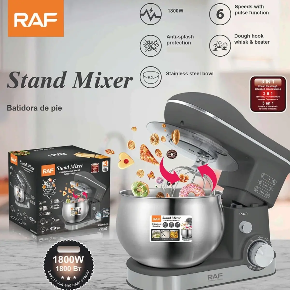 Batidora De Pie 5L 1800W 110V/60Hz 6 Velocidades Con Bowl  Función Pulso Incluye Accesorios.  Mezcladora 1
