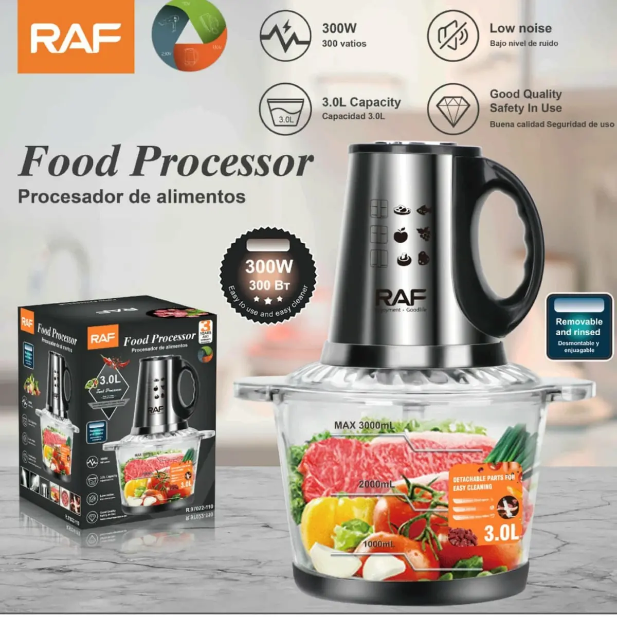 Procesador De Alimentos 300W Con Bowl De Vidrio 3L, Bajo Ruido  110V/60 Hz. Mezclador De Alimentos 1
