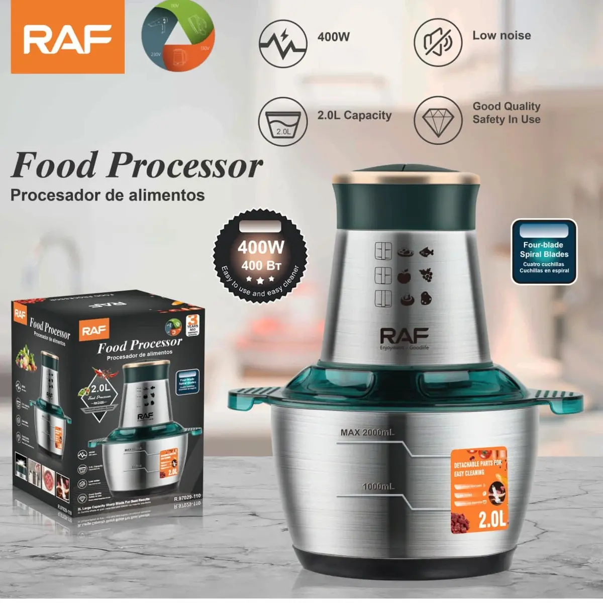 Procesador De Alimentos 400W 2L Con Cuchillas En Espiral, Bajo Ruido. 110V/60 Hz.  Mezclador De Alimentos 1