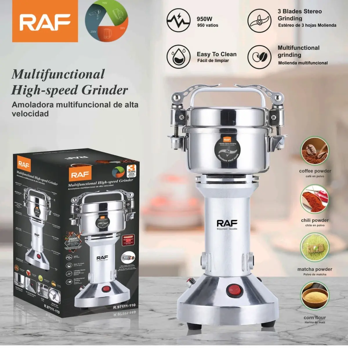 Molino Multifuncional 950W Para Café, Maíz, Granos Y Más. Alta Velocidad 110V/60 Hz. Moledor. 1